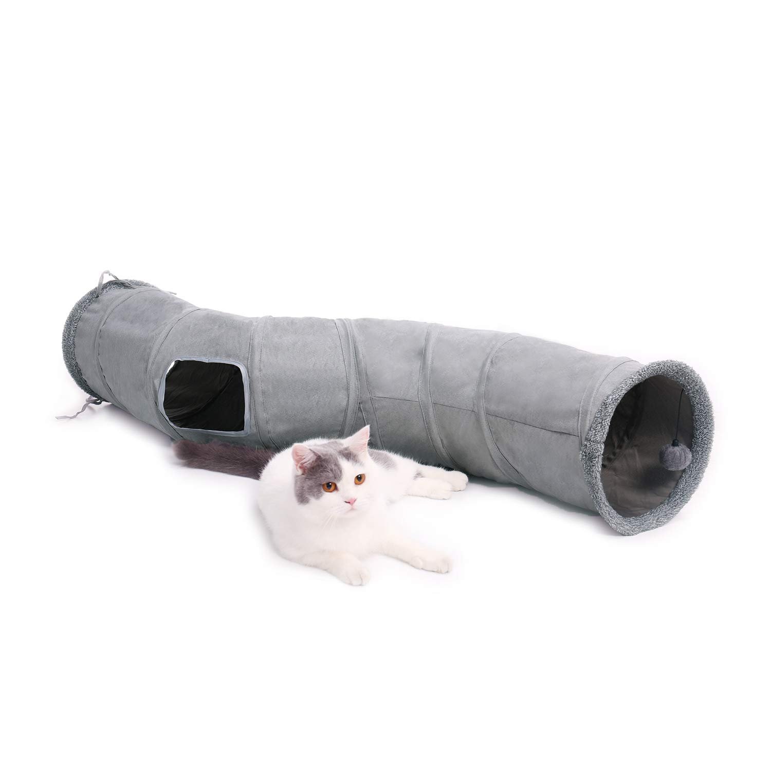 Cat inside crinkle tunnel with ball